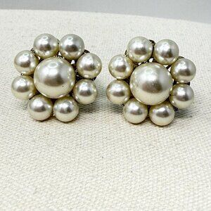 Vintage Bead Cluster Earrings Imitation Pearl Silver-Tone Marked Japan Retro‎